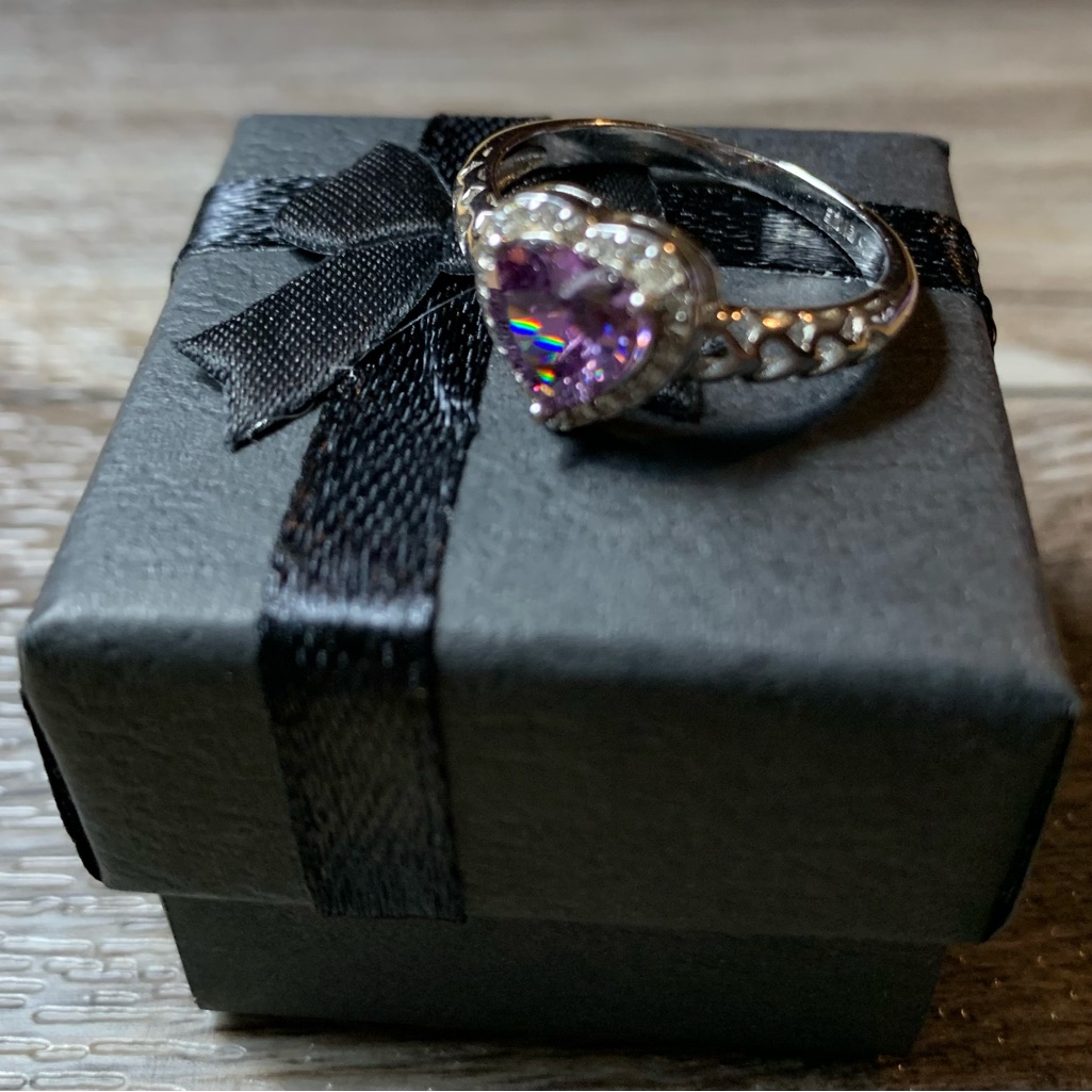 Elegant Silver Heart Ring With Purple Gemstone